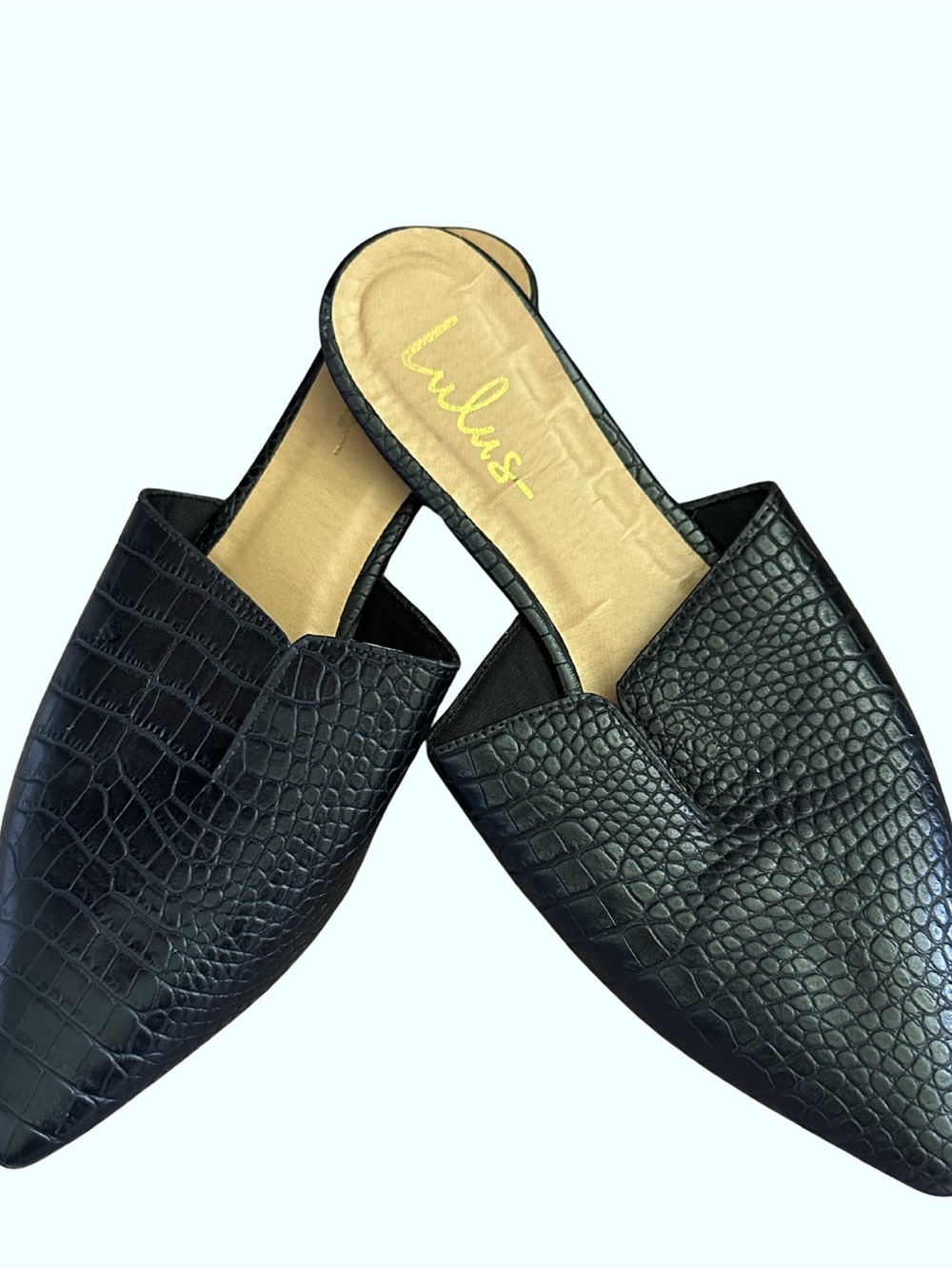 Lulu's Black Croc-Embossed Slip-On Mules